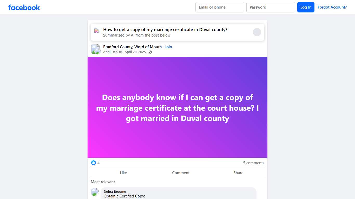 Bradford County, Word of Mouth | Does anybody know if I can get a copy of my marriage certificate at the court house | Facebook